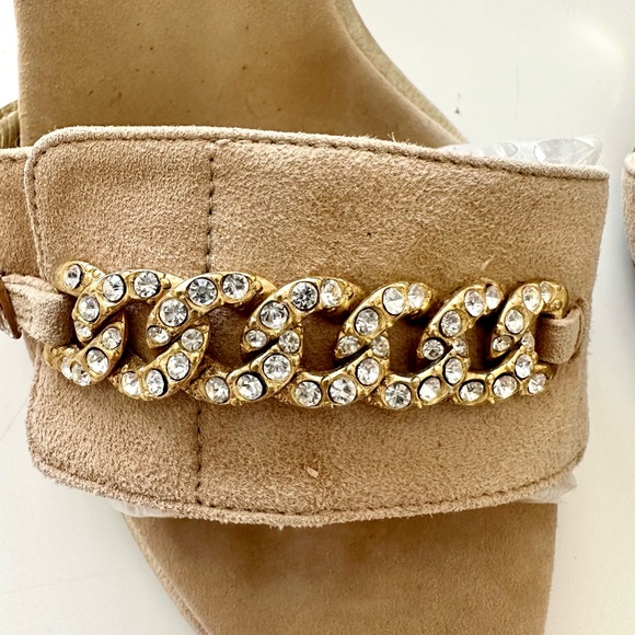 Albert Nipon Slides / Sandals, Size 9 Beige with Gold & Crystal Embellishment - Picture 6 of 8